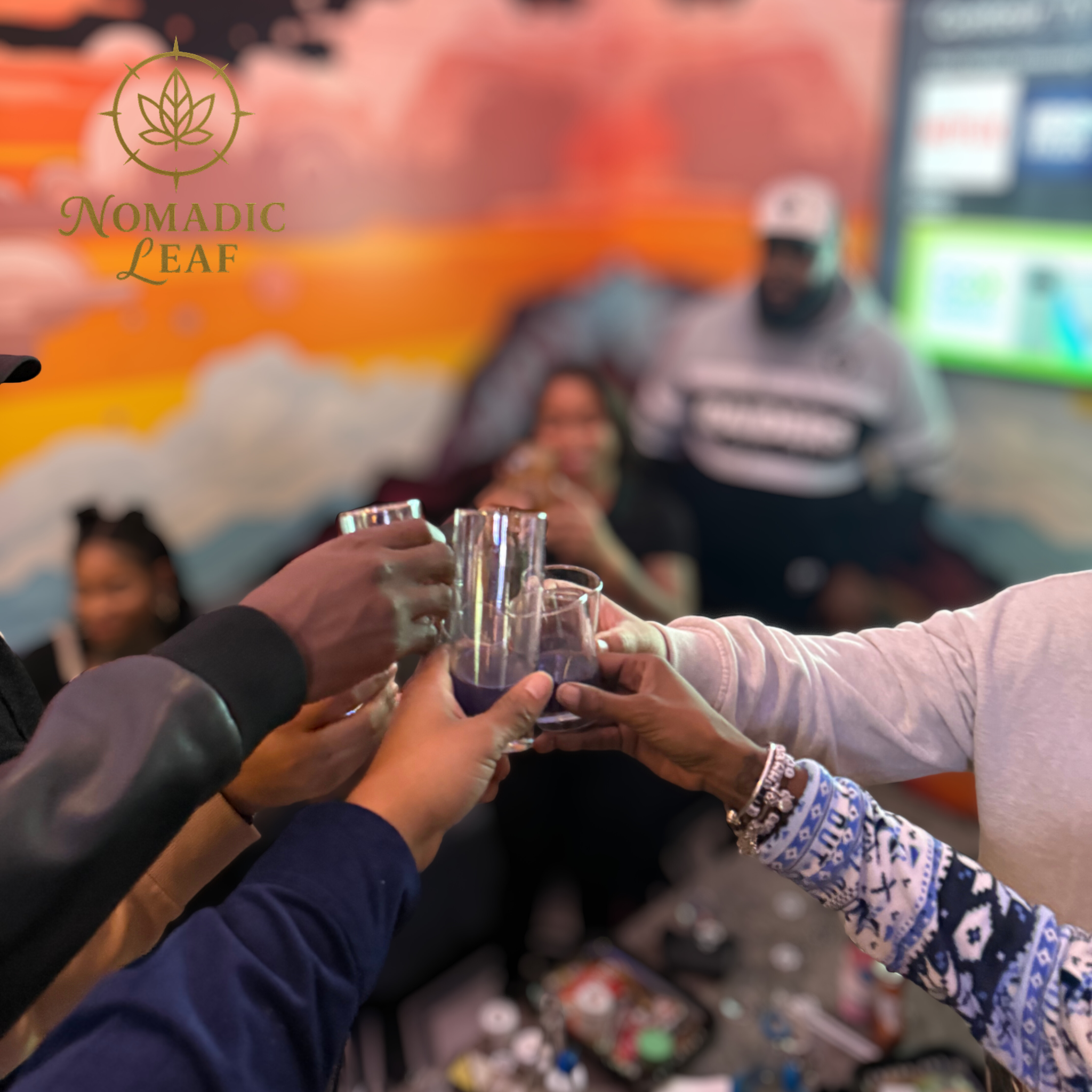 Guests toasting during a Nomadic Leaf luxury cannabis-friendly experience in Las Vegas